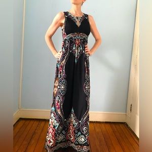 Long black dress with brightly colored Paisley print